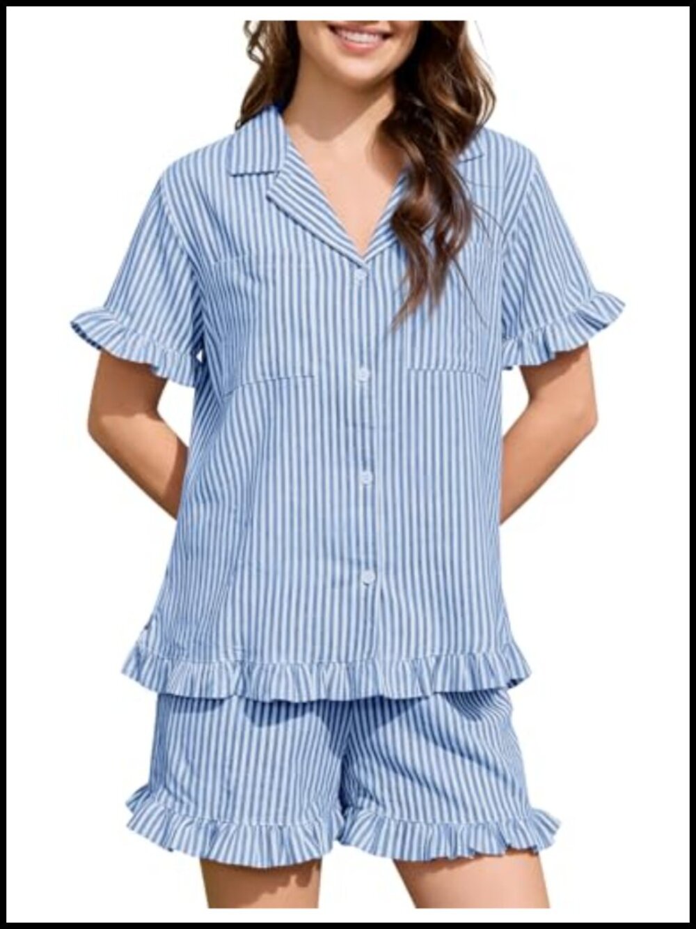 Womens 100% Cotton Striped Pajama Set 2 Piece Short Sleeve Ruffle PJs